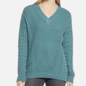 Caslon Cable Knit V-Neck Sweater Blue Green Size L $69